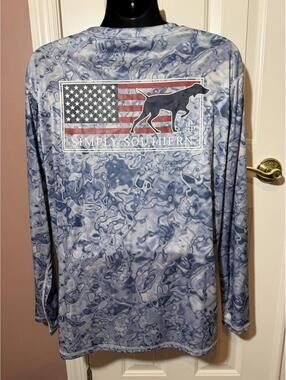 Simply Southern Long Sleeve Performance Shirt 2XL Blue Camo American Flag Dog